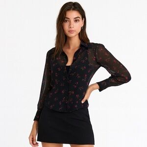 Vintage 90s Express sheer black silk button front rose print top. Size 5-6